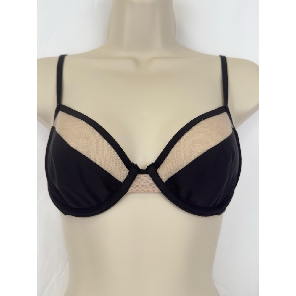 Victoria's Secret Body by Victoria Unlined Demi Bra 32D Black Nude Satin Mesh